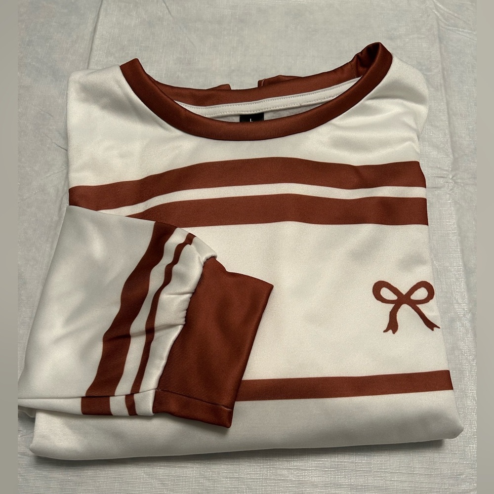 SHEIN Cream and Brown Striped Crew Neck Sweater